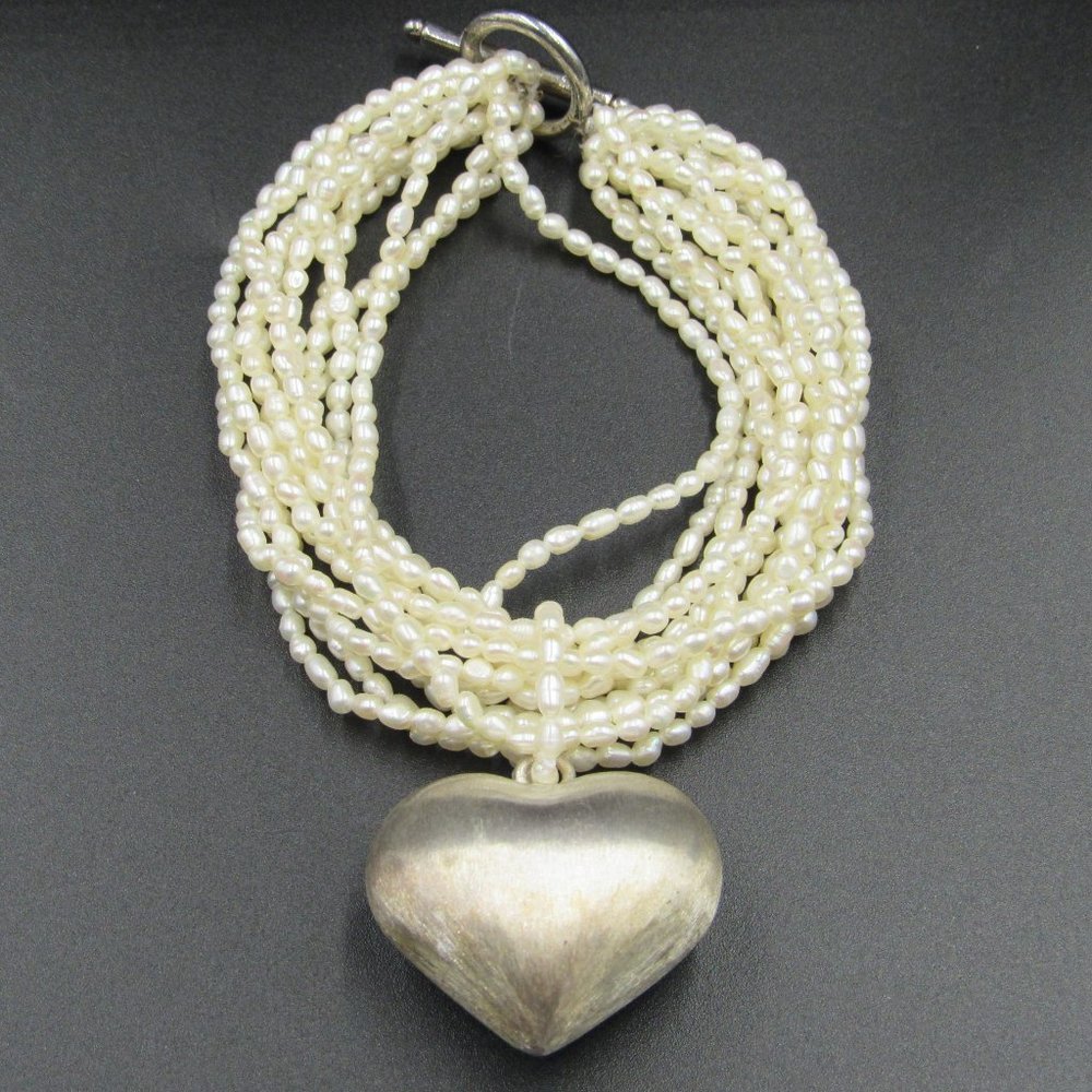 7.5" Sterling Strings Of Pearls Heart Bracelet